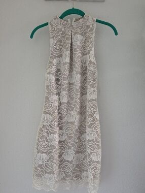 love, Fire Strapless Cream Lace Shift Dress with Floral Overlay